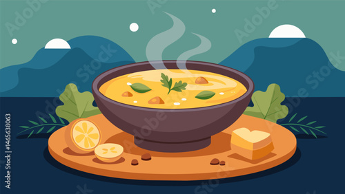 A steaming bowl of creamy golden soup sits at the center of the family dinner table filled with chunks of tender potatoes melted cheese and savory herbs and es.. Vector illustration