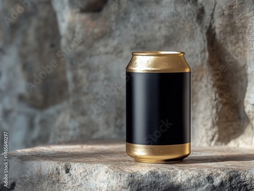 Black and gold aluminum beverage can with a sleek modern design placed on a textured stone surface in front of a rustic stone wall background suitable for drink and beverage themes photo