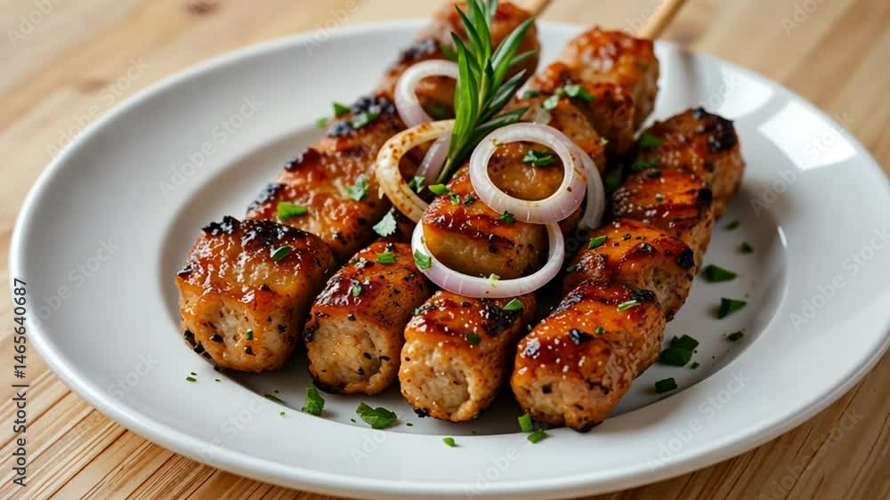 Grilled chicken skewers with onion rings and rosemary on a white plate on wood table Grilled chicken skewers with onion rings and rosemary on a white plate on wood table