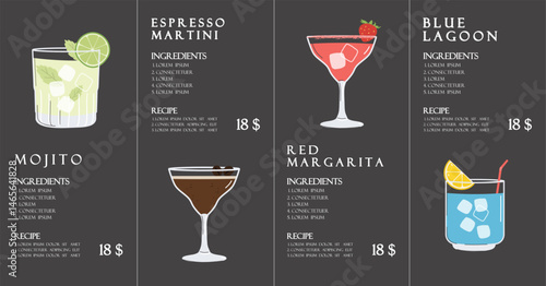 Summer restaurant cocktails menu design. Black minimalist style. Season drinks illustration