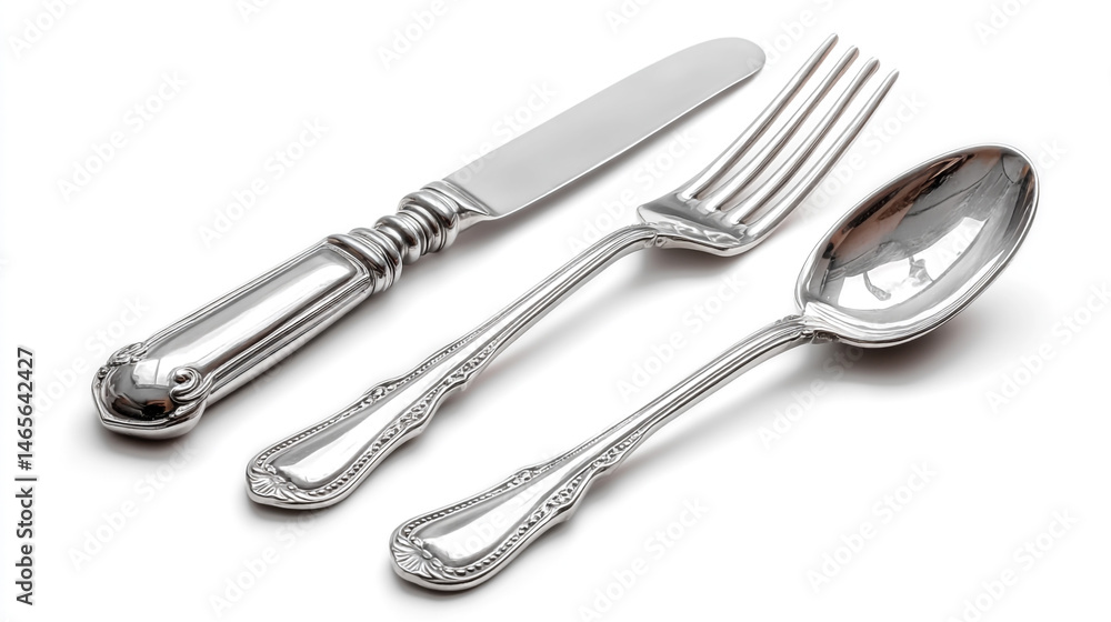 An exquisite silver cutlery set, displayed against a pristine white backdrop, offers an elegant touch. An exquisite silver cutlery set, displayed against a pristine white backdrop, offers an elegant touch.