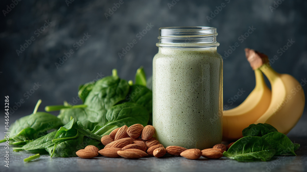 A refreshing green smoothie, rich in nutrients, with spinach, banana, and almonds. A refreshing green smoothie, rich in nutrients, with spinach, banana, and almonds.
