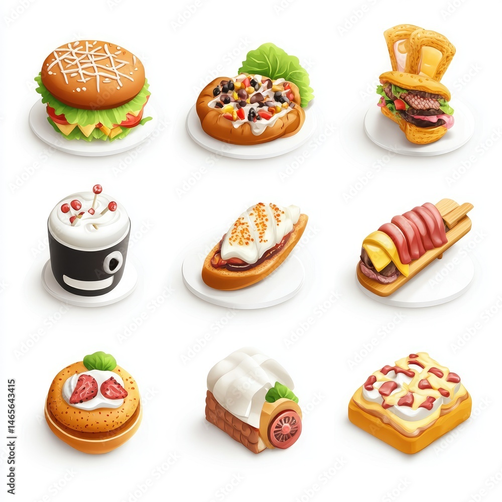 Colorful illustrations of various food items, showcasing different cuisines. Colorful illustrations of various food items, showcasing different cuisines.
