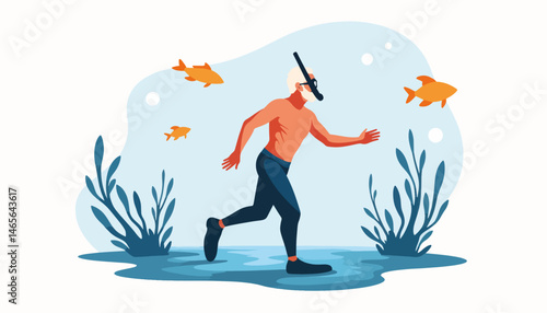 Elderly man snorkeling among fish in tranquil waters, ocean exploration