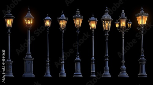 Realistic modern and vintage town lanterns are set as street lights on a black background, complete with glowing retro lampposts for path lighting, in a 3D modern illustration