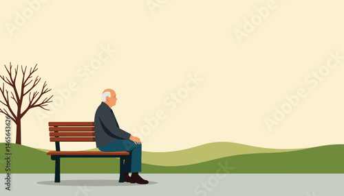 Elderly man sitting in minimalist park, reflecting in solitude