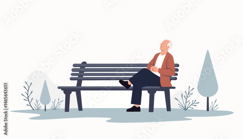 Elderly man resting on park bench, serene peace of mind