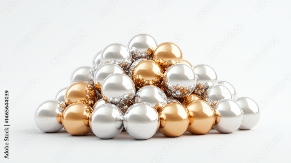 A collection of metallic spheres in various finishes, including gold, chrome, silver, bronze, and white, are showcased on a white background with accompanying shadows, forming a realistic and glossy A collection of metallic spheres in various finishes, including gold, chrome, silver, bronze, and white, are showcased on a white background with accompanying shadows, forming a realistic and glossy
