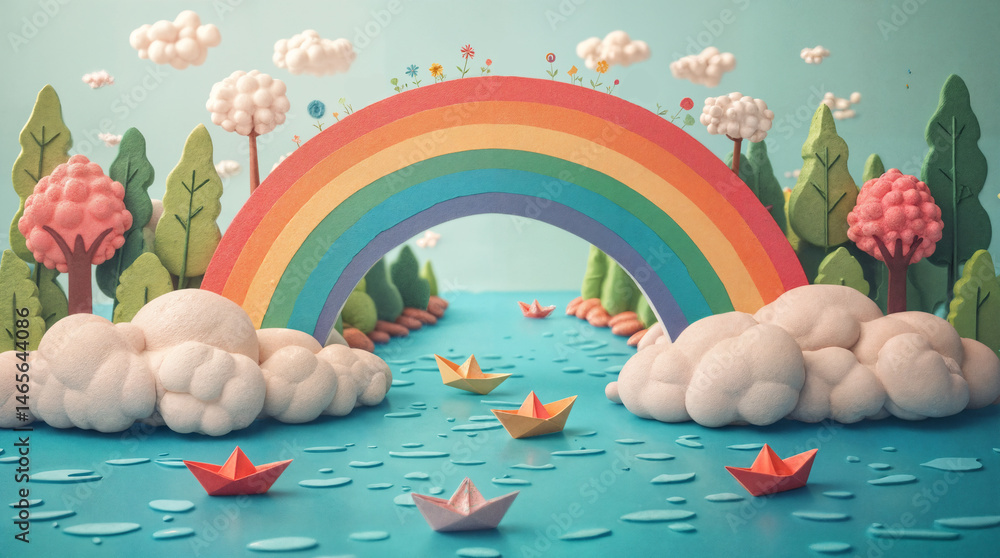 Rainbow river with paper boats. Surreal rainbow-colored river with paper boats carrying LGBTQ+ symbols floating downstream. Dreamy pastel-toned diversity concept art.