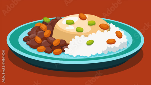 A traditional dish overflowing with flavor and color featuring a generous serving of plump and fragrant white rice next to a hearty helping of creamy white beans and a side of. Vector illustration