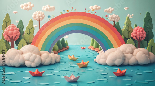 Rainbow river with paper boats. Surreal rainbow-colored river with paper boats carrying LGBTQ+ symbols floating downstream. Dreamy pastel-toned diversity concept art.