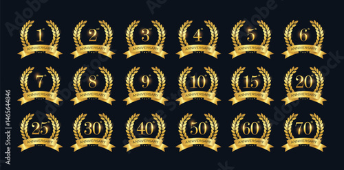 Laurel wreaths collection. Anniversary from 1 to 70 years. Vector illustration