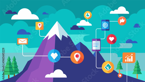 A digital landscape with each mountain representing a different social media platform and the valleys representing points of data exchange.. Vector illustration