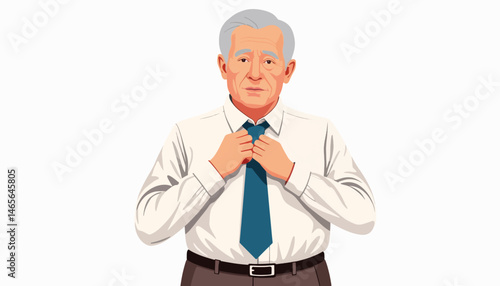 Elderly man tying necktie against white background, dedication to grooming