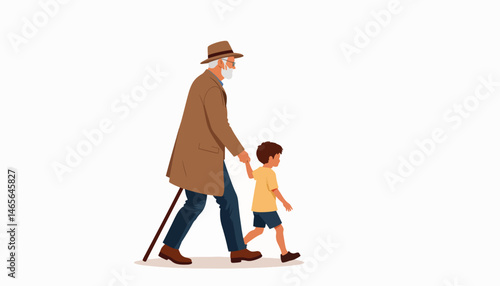 Elderly man walking with grandson in minimalist style, family bond