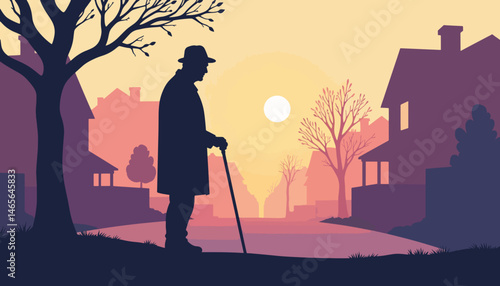 Elderly man reflecting silently while walking home at twilight, solitude