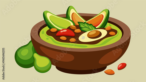 A traditional molcajete bowl filled with ripe avocados hearty pinto beans and creamy refried beans.. Vector illustration