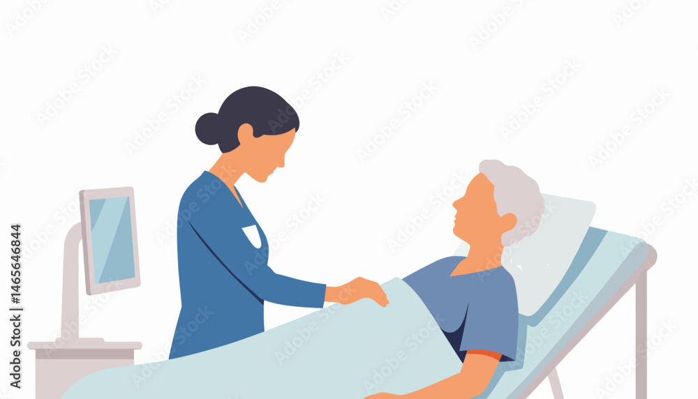 Fototapeta premium Elderly nurse providing compassionate care to patient in hospital room