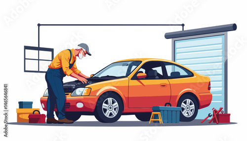 Elderly mechanic focused on fixing car in garage, dedication to craft