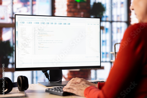 Obraz na płótnie Person typing into an AI chatbot system to automate her workflow at home office, uses the web virtual assistant for smart automation and real time solutions. The power of artificial intelligence. w salonie