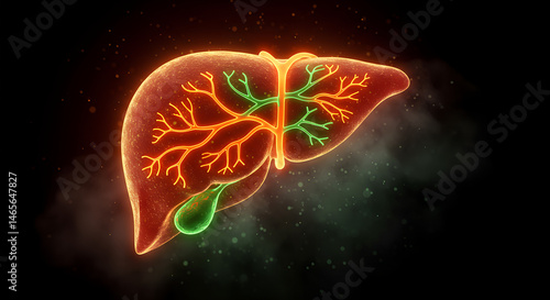 Human liver anatomy glowing in neon orange with green bile ducts, floating on dark background in digital 3D rendering Concepts healthcare, organ function, internal medicine, technology, digital health