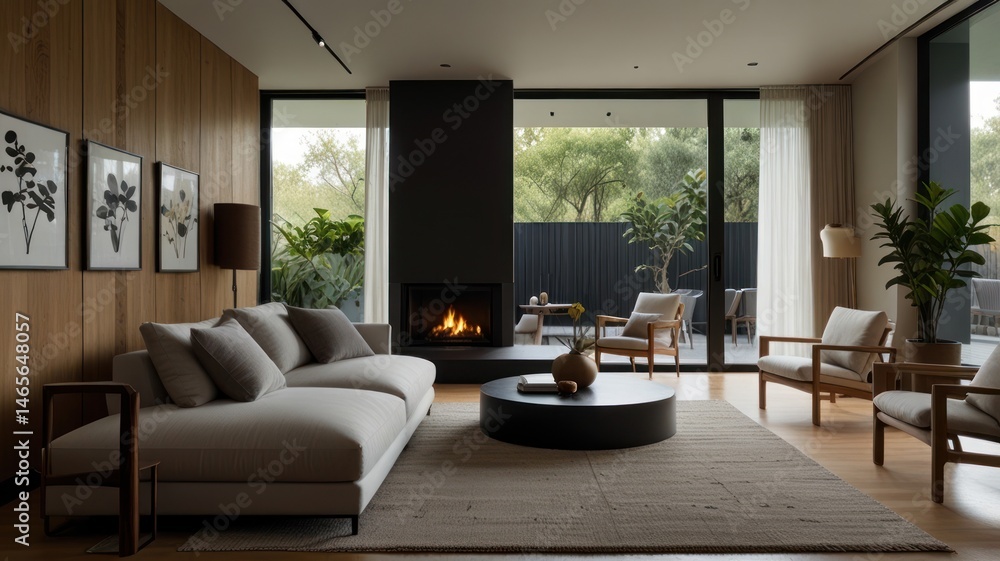 Modern living room with fireplace and patio access Modern living room with fireplace and patio access