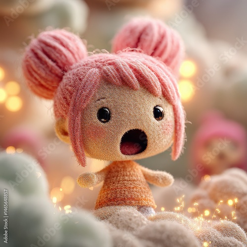 Wallpaper Mural 3D Rendered Doll with Pink Yarn Hair in Buns, Orange Dress, and Sparkling Cloud Background Torontodigital.ca