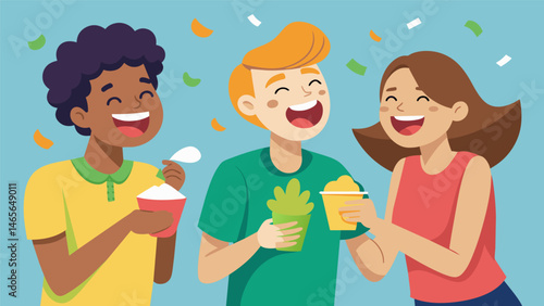 A group of friends laughing over their messy elote trading off holding the napkins and squeezing the lime.. Vector illustration