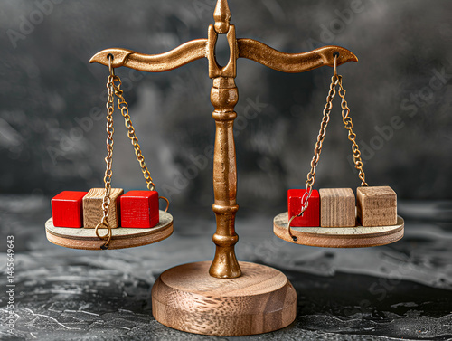 Symbolic balance representation using wooden scales and differently colored blocks