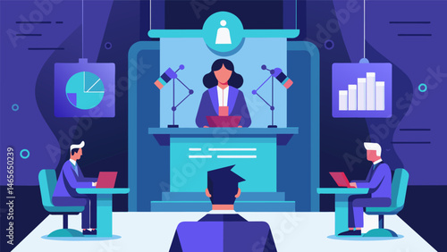 A futuristic courtroom where data evidence is presented and debated in a virtual environment.. Vector illustration
