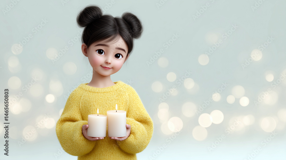 A girl in a yellow sweater holding two candles