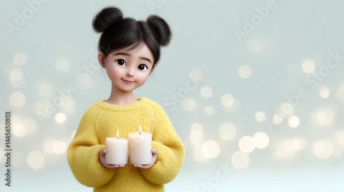 Obraz na płótnie A girl in a yellow sweater holding two candles w salonie