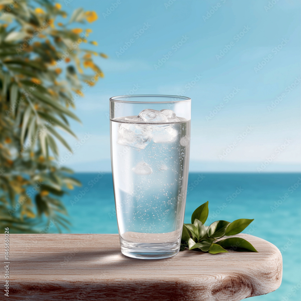 A glass of water with ice cubes in it is sitting on a wooden table by the ocean