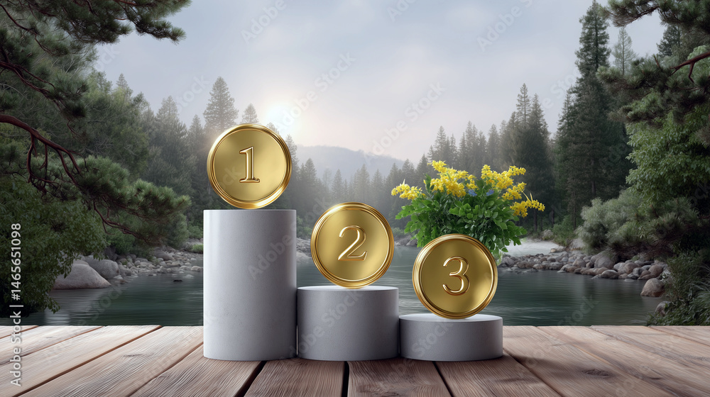 Three gold coins on a podium with a view of a river