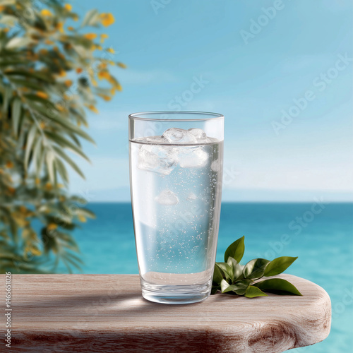 Obraz na płótnie A glass of water with ice cubes in it is sitting on a wooden table by the ocean w salonie