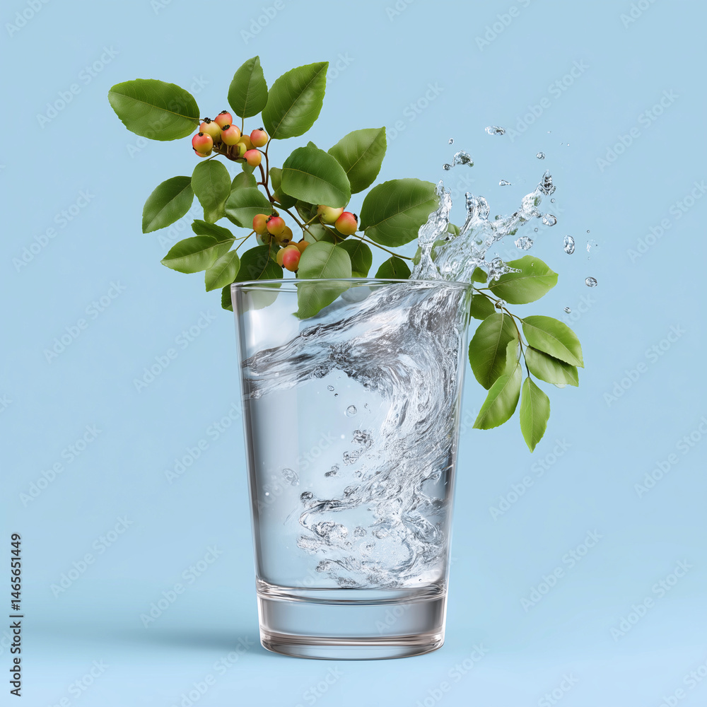 A glass of water with a leaf on top and water splashing out of it