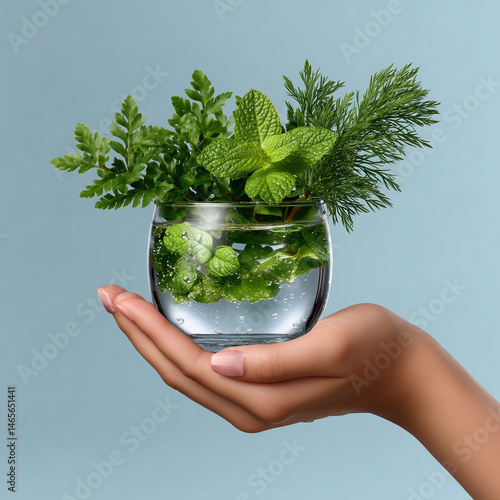 Obraz na płótnie A hand holding a glass with green plants in it w salonie