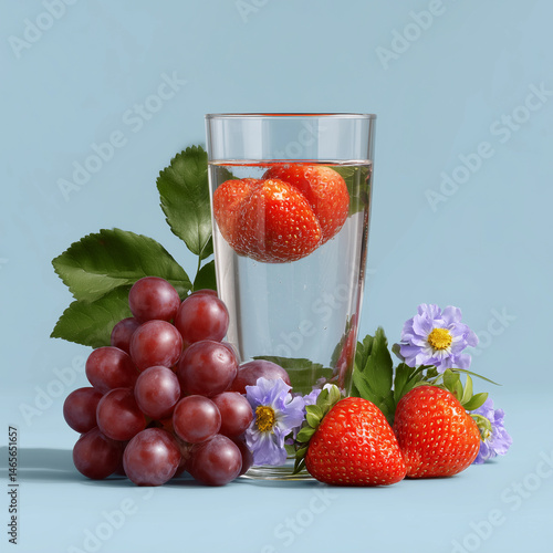 A glass of water with a bunch of strawberries floating in it