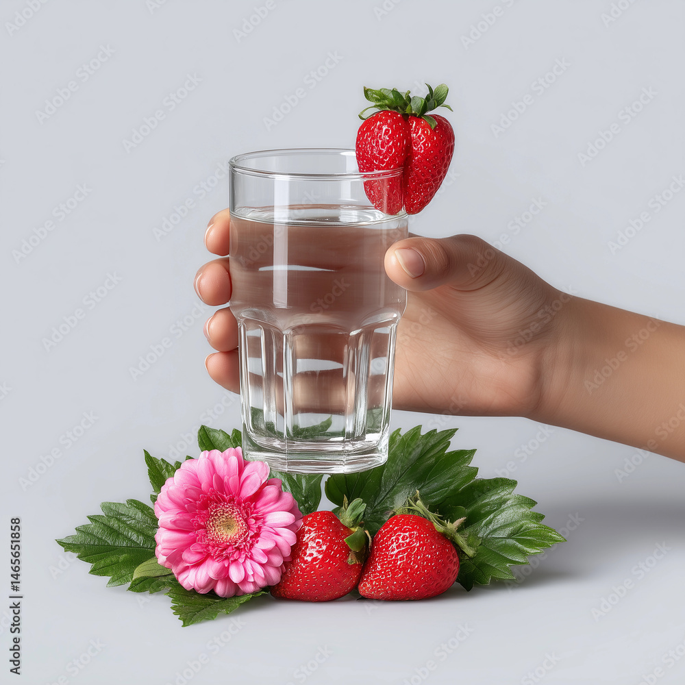 A hand holding a glass of water with a strawberry on top