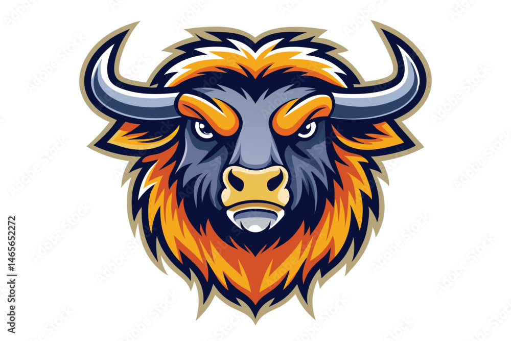 Fototapeta premium Illustrated yak head shows bold navy, gold, and orange coloring on a white backdrop