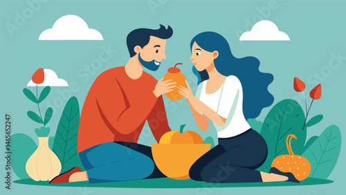 A couple enjoying a romantic picnic their eyes meeting as they sip from the same mate gourd and share a moment of intimacy.. Vector illustration