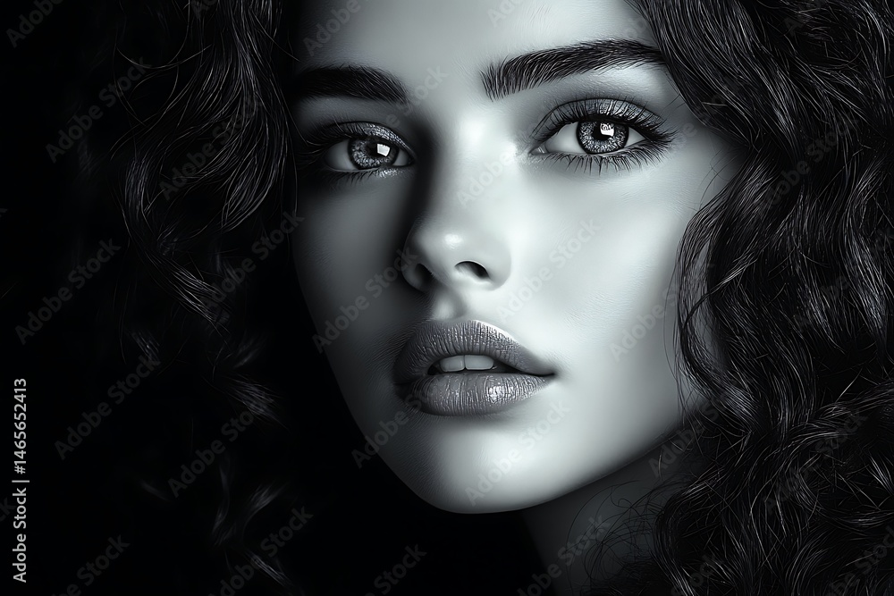 Close-up grayscale portrait of a young woman. Close-up grayscale portrait of a young woman.