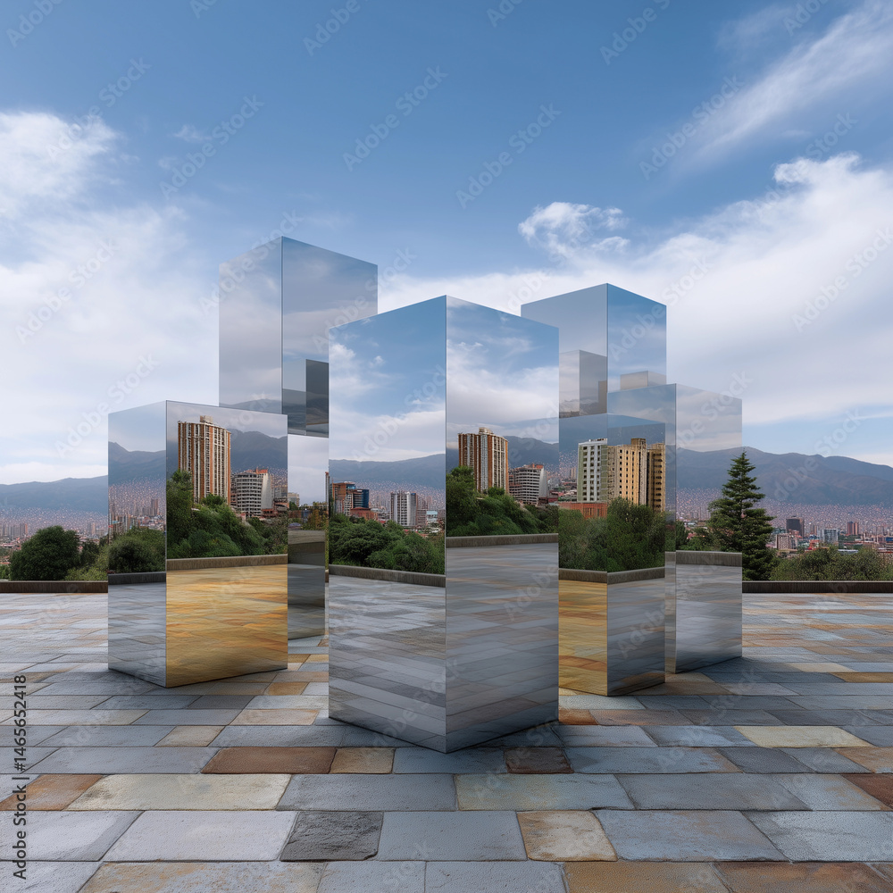 A series of mirrored pillars with a city in the background