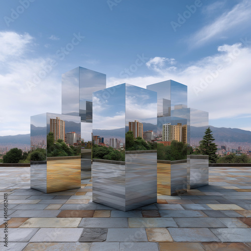 Obraz na płótnie A series of mirrored pillars with a city in the background w salonie