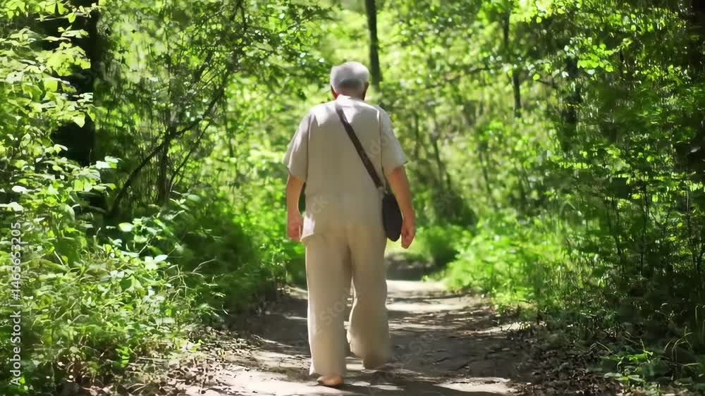 Elderly Man Walking Down a Forest Path Wearing Beige Clothes on a Sunny Day with Sunlight Filtering Through Green Leaves Elderly Man Walking Down a Forest Path Wearing Beige Clothes on a Sunny Day with Sunlight Filtering Through Green Leaves