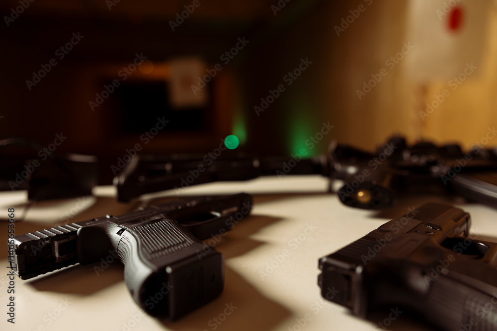 Practice weapons in military training outpost to be used by soldiers learning how to shoot firearms, preparing for combat. Close up shot of pistols and other guns in army shooting range