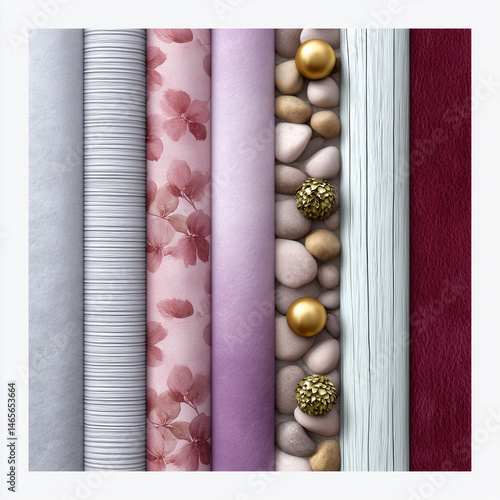 A variety of fabrics and textures, including a striped piece of fabric