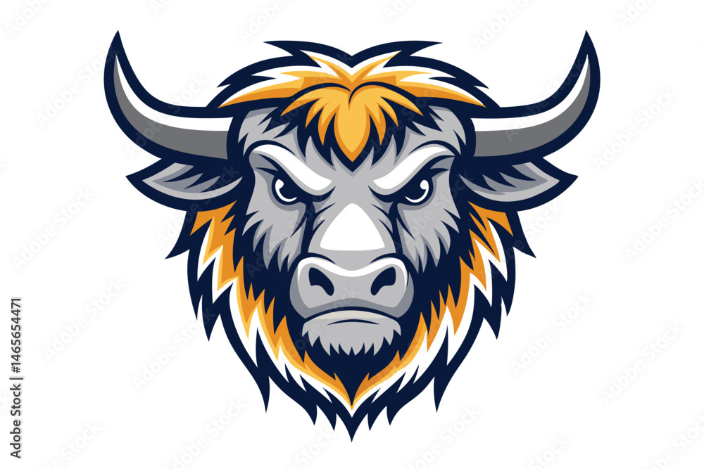 Fototapeta premium Intense horned bull head in gray, gold, and navy stares fiercely forward against white