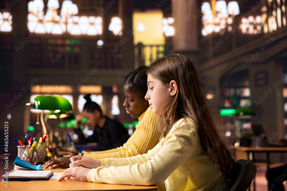 Two young students preparing for a lecture and writing ideas in notebooks at a study desk in a library, creating a reflective essay as homework. Girls focused on their school work.