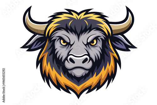 Cartoon bull head fiercely stares with golden eyes, showcasing its horns and detailed fur